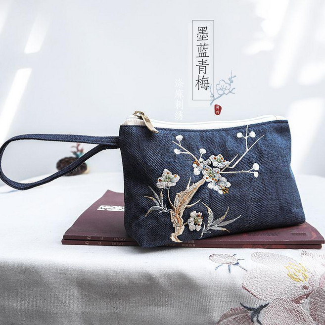 暮玲原創精品 布藝古風拉鍊刺繡手機鑰匙帆布手拿小包零錢包女