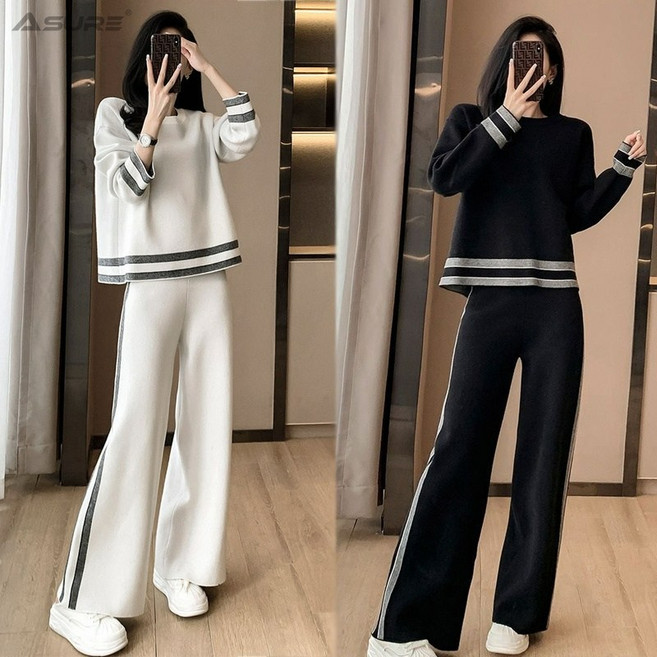 Asure 여성 투피스 세트 트레이닝복 세트 풀오버+와이드 팬츠 캐주얼