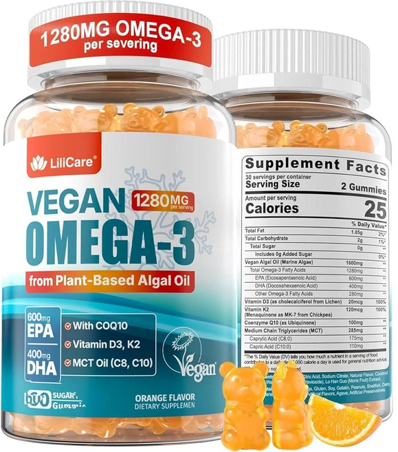 오메가-3 구미 1280mg + COQ10 비타민 D3 K2 (MK7) 오메가 3 피쉬 오일 대체제(EPA 600mg DHA 400mg & MCT 오일 해양 조류의 생선 맛, 60 Count (Pack of 1) - 쿠팡