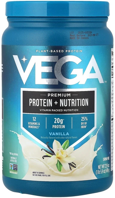 Vega 식물성 단백질 프리미엄 단백질 + 영양 바닐라 619g(1lb 5.9oz) Vega (베가), 616 g, 1개 - 쿠팡