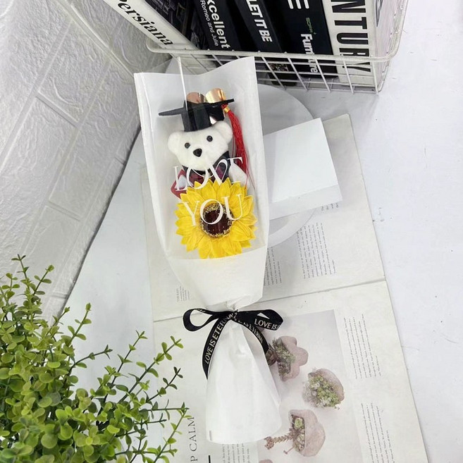 올리브파티 학사모 곰돌이 인형 조화 졸업식 수료식 꽃다발, 1개, A타입_화이트