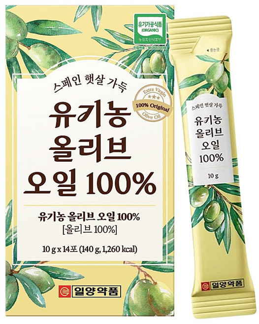일양약품 유기농 올리브오일 100% 올리브유 엑스트라버진 스페인 냉압착 스틱, 14개, 10ml