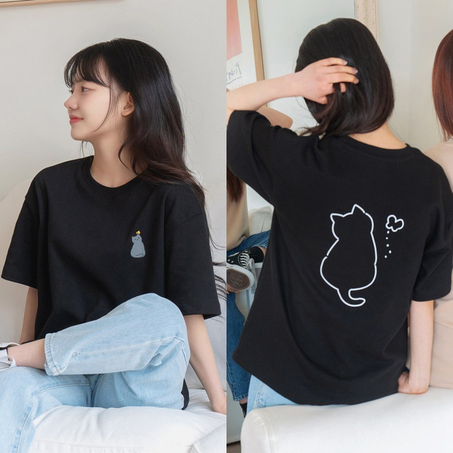 [키140/키150/키160][자체제작] 키키코 냥이박스반팔티 오버핏 고양이 반팔 티셔츠 여자 여성 중학생