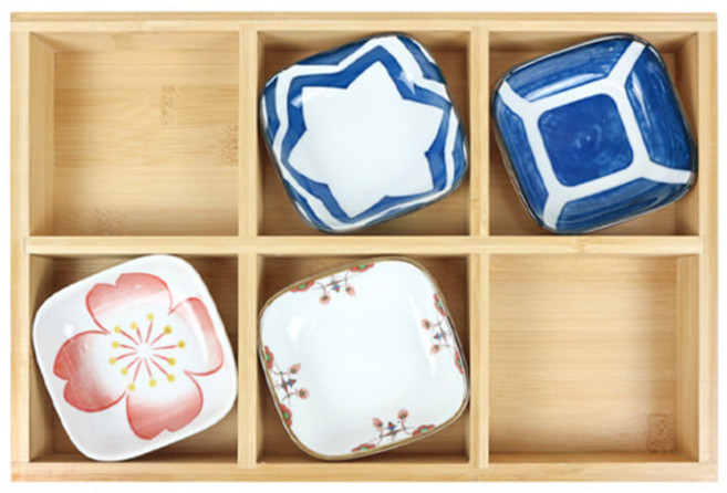 대나무 상자 (3칸 4칸 6칸 9칸) 일식 칸막이 접시 트레이, 6칸(340x230mm)