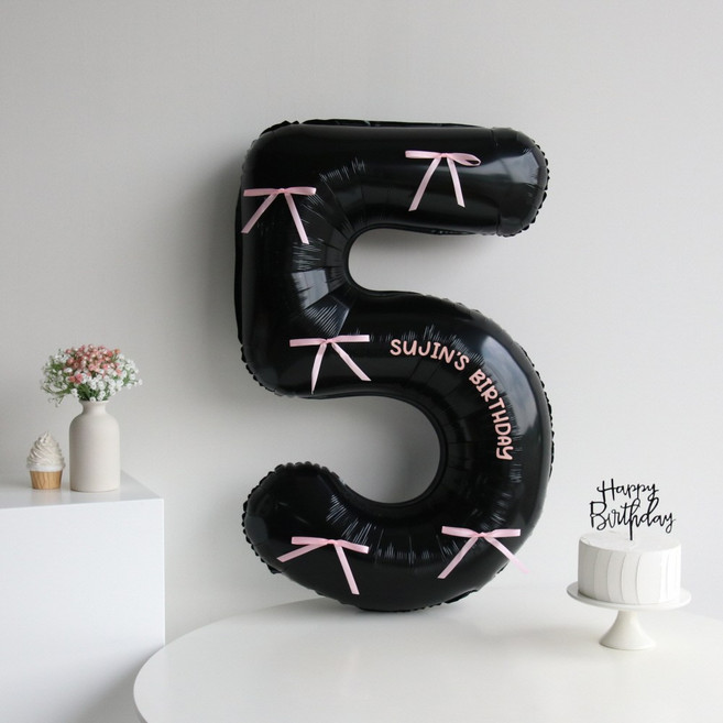 이벤트홀릭 레터링 리본 대형 숫자풍선 기념일 생일, 5, 1개, 블랙