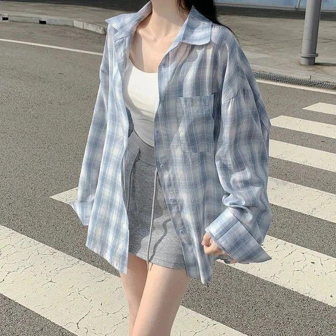 韓系 藍色格子 寬鬆長袖襯衫 夏季百搭休閒上衣