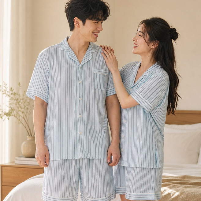 캐리루시 커플용 굿나잇 찰랑 스트라이프 레이온 카라 잠옷세트