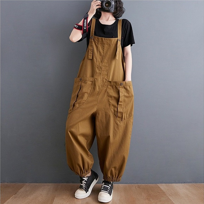 바이스타 루즈핏 멜빵 빅사이즈 솔리드 빅포켓 카고 배기팬츠, XL, 얠로우