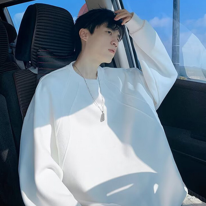 ANYOU 남성 맨투맨 스웨트셔츠 오버핏 레이글루브 소매 시보리 마감 베이직 긴팔 이너 캐주얼 상의