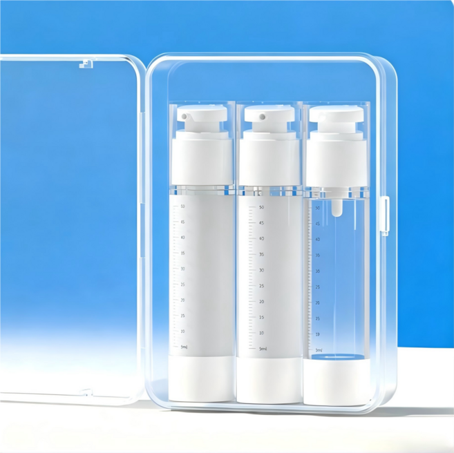 旅行分裝瓶 按壓式乳液瓶 噴霧瓶 化妝品空瓶, 1件, 50ML乳液*2+噴霧*1,出行套組【貼紙+收納盒+分裝針管】