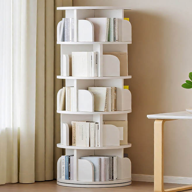 원형 책장 거실 서재 360도 회전 책장 대용량 책장, 2단, 흰색
