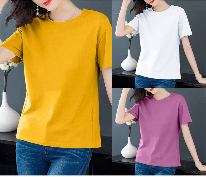 3장 묶음 중년 여성 반팔 티셔츠 순면 루즈핏 캐주얼 여름옷 3장 세트 라운드 프린트 반팔티 이너 사이즈 YMY