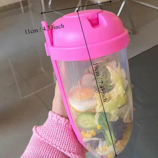 3In1 휴대용 샐러드 컵 아침 식사 그릇 포크 학교 도시락 상자 식품 저장 요구르트 오트밀 시리얼 우유 피, 02 pink, 01 1, 01 1