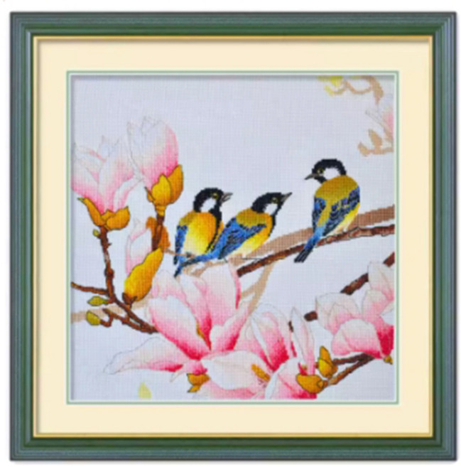 푸아이 실십자수 목련 꽃과 새 프린트 도안 패키지 9/11CT 5D 자수세트 면실 실크실 명화, 고급 초장면사 50x50cm 4가닥 30색, 1개