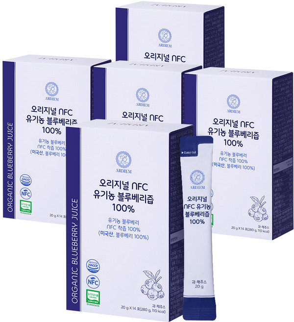 아르디엠 오리지널 NFC 유기농 블루베리즙 100% 14포, 5박스, 280g