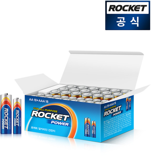 로케트 파워 알카라인 AA 18p + AAA 18p 건전지 세트, 9세트, 36개입