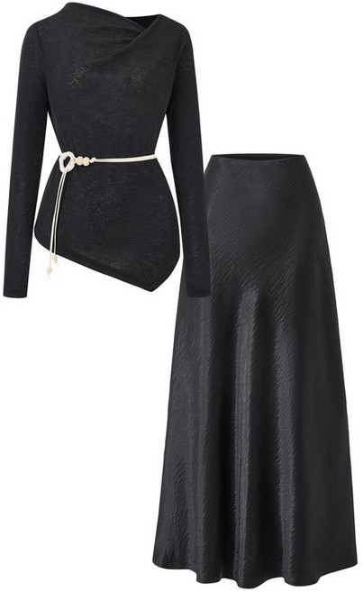 미니멈 에브리데이 페미닌 벨티드 드레이프 니트 스커트 세트 EC2OW014D