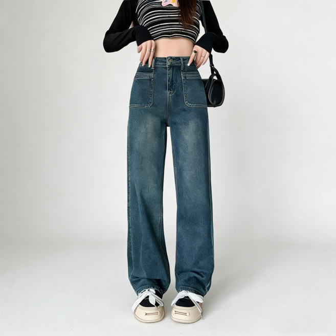 스타일닥터 여자 일자 박시 하이웨스트 와이드 드레이프 청바지