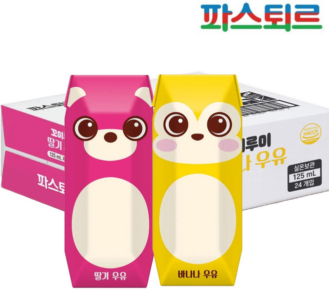 파스퇴르 멸균우유 꼬미루미 2종혼합125ml (딸기우유12입+바나나우유12입) 총24팩, 125ml