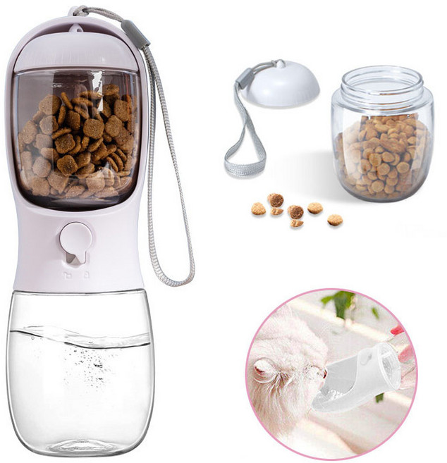 ZOZOFO 반려동물 휴대용 사료 급수기 2in1 물병+급식기 강아지 고양이 산책 간식 사료병 캡슐물병, 1개, 내고온-화이트300ml