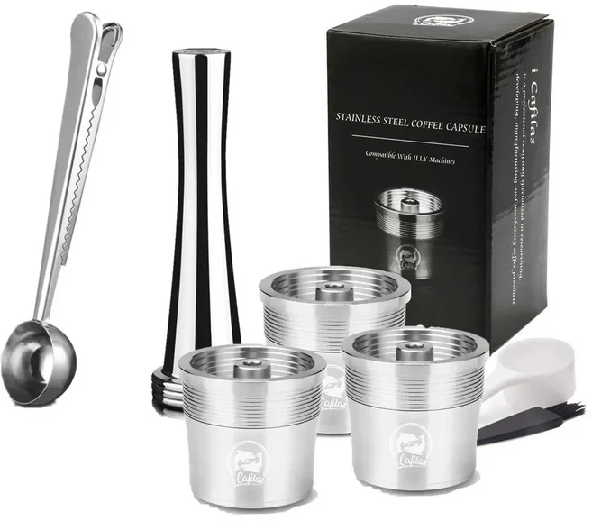 Icafilas 재사용 가능한 커피 캡슐 컵 Illy X7.1 X8 Y5 모델 머신 필터 포드 스테인리스 스틸 탬퍼, 01 3 pc-1 ti-ss