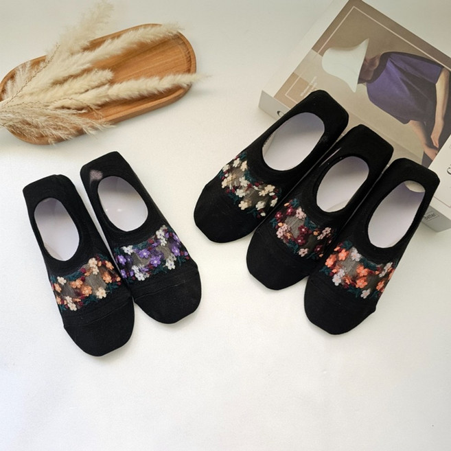 5족세트 백일홍 미끄럼방지 덧신 검정 시스루 플라워 덧신 양말