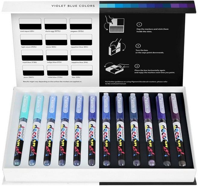 Karin 피그먼트 디코브러시 아크릴 페인트 마커 바이올렛-블루 컬렉션 12개 브러시 팁 아크릴 마커 세트 불투명 내광성 및 방수 페인트 펜 목재 원단 캔버스