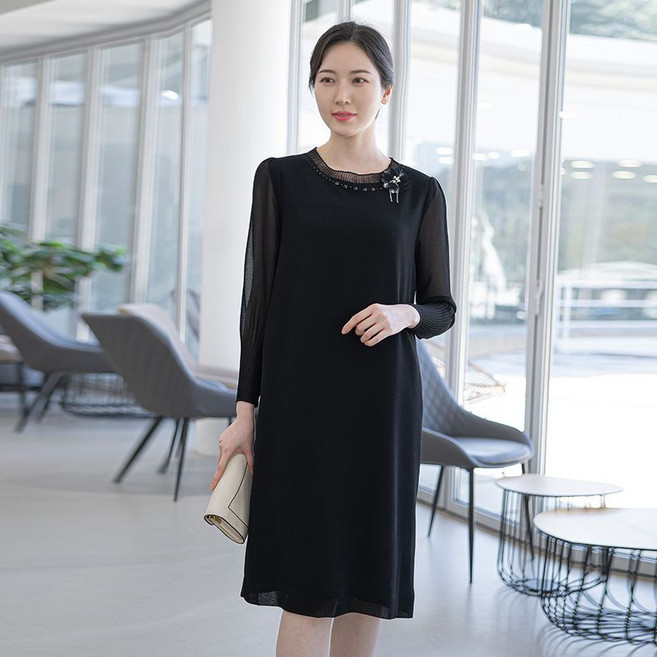 모슬린 엄마옷 주름비즈 코사지원피스 MQG126394 마담 미시 중년여성 빅사이즈 할머니옷 50대 60대 70대