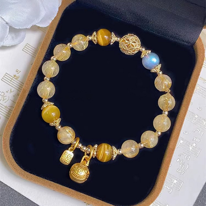 博古珍藏 天然黃水晶手鍊 招財金髮晶 網美手環 手作水晶串珠 創意設計 輕奢飾品禮物 招財轉運保平安