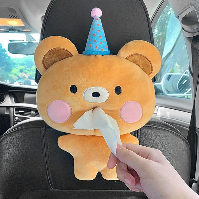 車載紙巾盒 汽車內飾掛式公仔抽紙盒, 1個, 生日熊