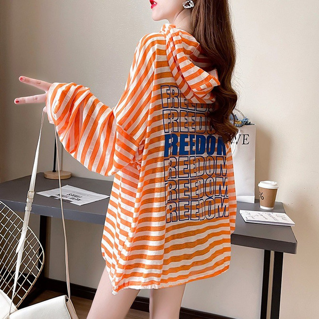 스타일아유 여성 스트라이프 단가라 오버핏 박스 긴팔 시스루 후드 롱 여름 간절기 시원한 3컬러