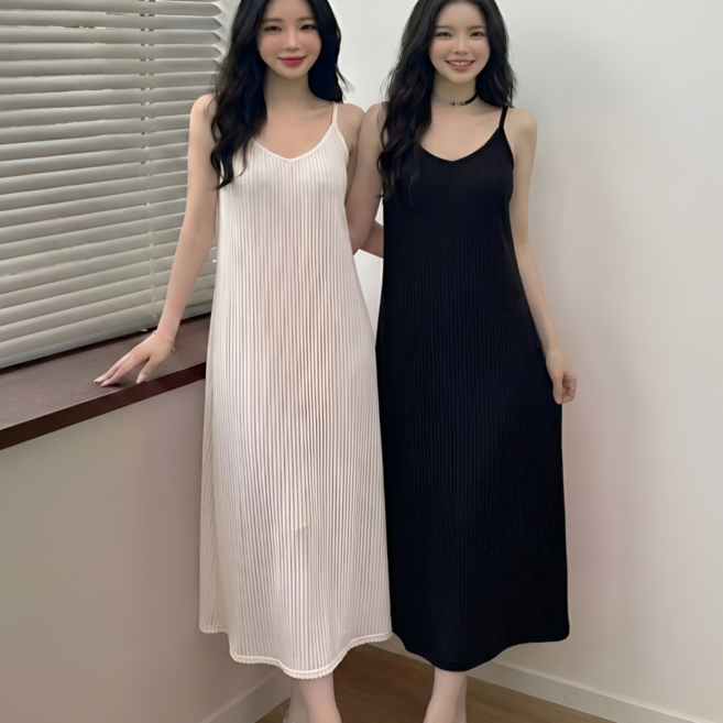 쁘띠엘라 찰랑스판 플리츠 끈나시 롱 원피스 휴양지 뷔스티에 2p