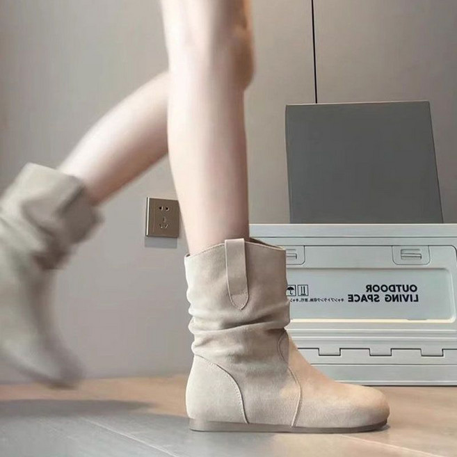 FANSYLI 여성 셔링 스크럽 앵클부츠 봄가을 빈티지 통굽 워커 캐쥬얼 시크 키높이 라이더 앵클부츠 W2506J22