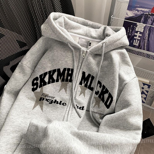 JUSTFEELING 기모/기모없이 후드집업 레터링 맨투맨코트 캐주얼 남여 프린팅 간절기 운동복코트 커플룩 도톰한 겨울 트레이닝복 자켓