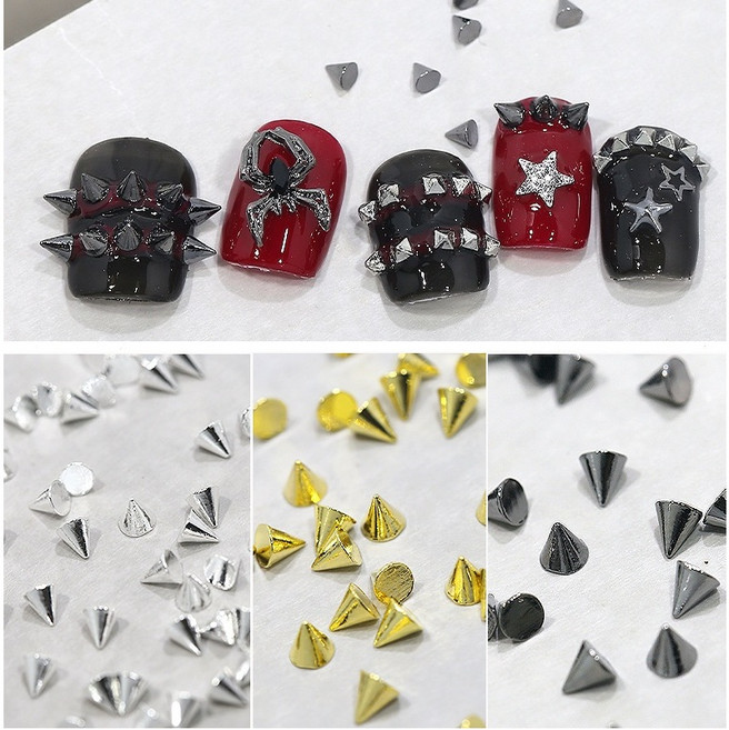 美甲鉚釘飾品 圓錐立體鉚釘 金銀黑金屬感 龐克風穿戴甲配件, 1個, 3mm【三色各一】, 金銀黑 (3mm, 三色各一)