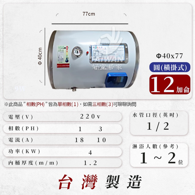 永康EH-08EH-12電熱水器 8加侖12加侖, 12加侖 橫掛