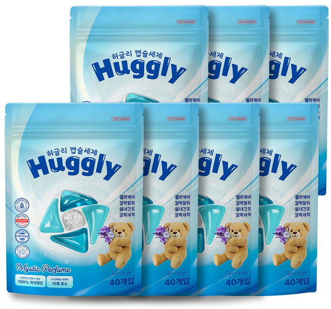 허글리 10IN1 딥 퍼퓸 초고농축 캡슐 세탁세제 미스틱 퍼퓸 향 섬유유연제 실내건조 겸용, 7개, 40개입
