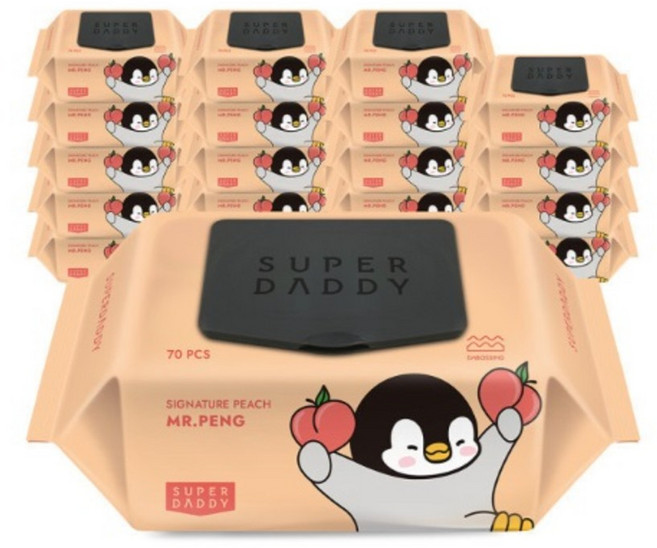 슈퍼대디 시그니처 미스터펭 피치 엠보싱 아기물티슈 캡형, 20개, 70개입, 70g