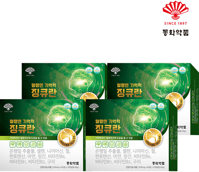 동화약품 혈행엔 기억력 징큐란 은행잎추출물 징코 11종기능성, 120정, 4개