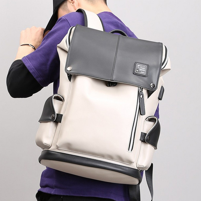 NOVYY PU防盜防水後背包，17吋筆電包，大容量電腦包, EVA減震升級版 - 象牙白色