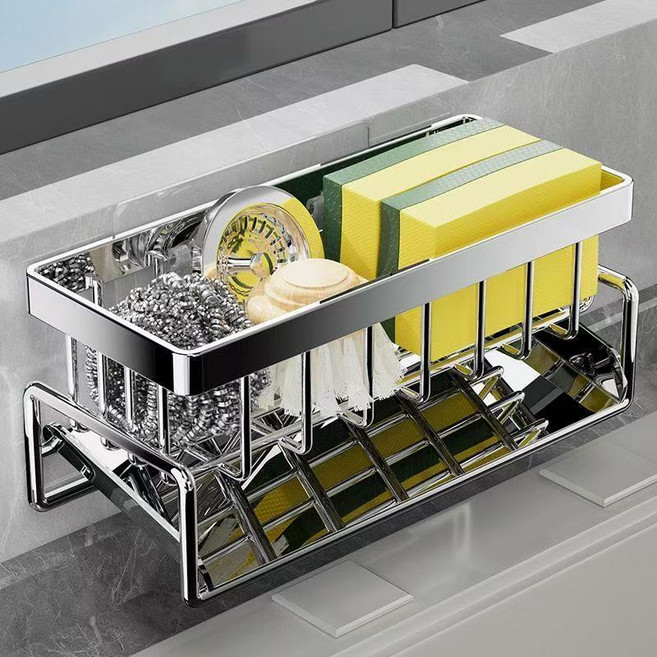 옐로우베이스 올스텐304 수세미 건조대 자동물빠짐 세제 거치대 행주 걸이 포함, 1개, 실버