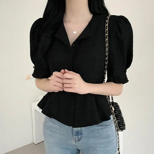 아이엠몽 여성 프릴 브이넥 반팔 블라우스