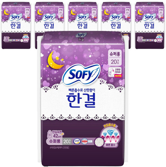 쏘피 한결 생리대 날개형, 슈퍼롱, 20개입, 6개