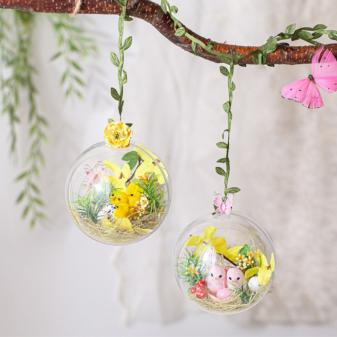[데코봉봉] 봄풍경 투명구 모빌 대 10cm 봄 인테리어 투명 천장 거실 꽃 나뭇잎 장식, 핑크