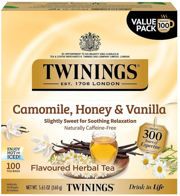 Twinings 오렌지 & 시나몬 스파이스 허브 티 개별 포장된 백 20개(1팩) 천연 카페인 프리 뜨겁거나 차갑게 즐기기 티백 20개 154934, 카모마일, 꿀, 바닐라, 100개입 (1팩)