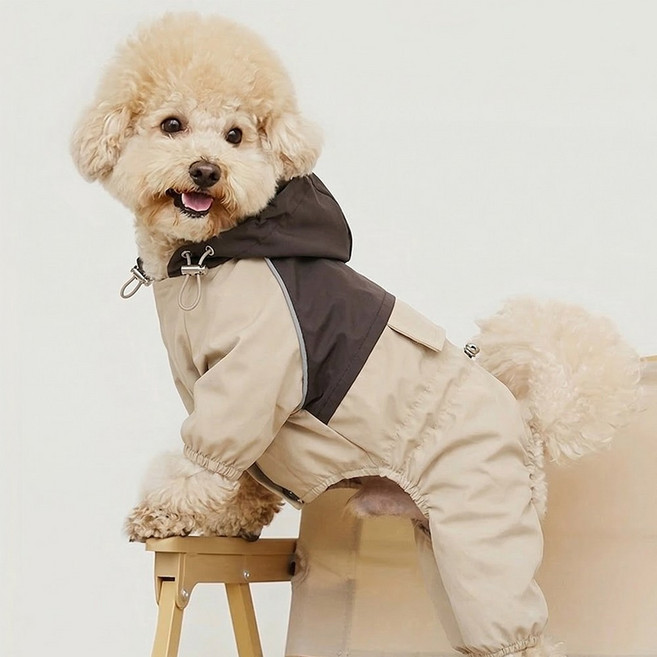 푸키 강아지 올인원 바람막이 우비 비옷 레인코트, 베이지, 1개