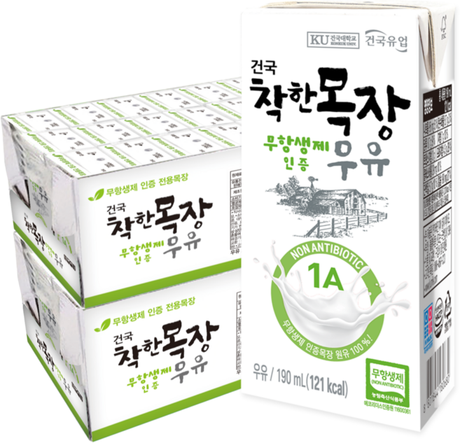 [건국유업] 착한목장 무항생제 멸균우유, 190ml, 48개