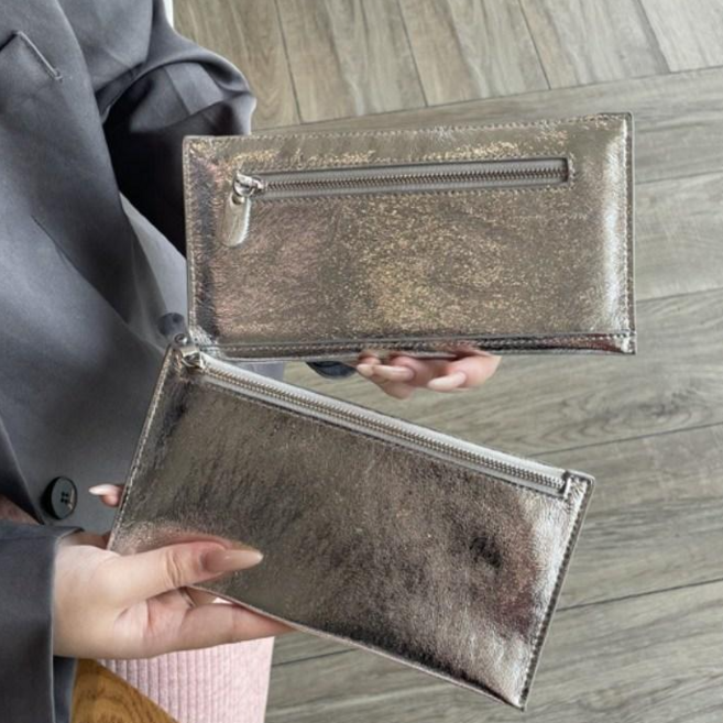 미로제로 은색 장지갑 소가죽 슬림 머니클립 여행용 지갑 파우치