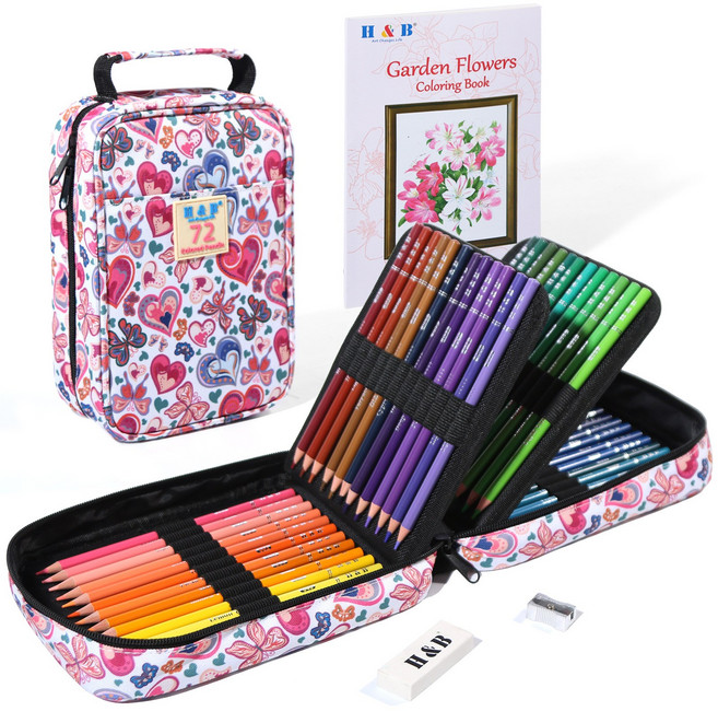 HB문화사 옥스포드 가방 72컬러 120컬러 180컬러 전문가용 가든 플라워 유성 컬러 색연필+컬러링북, 1개, 72색