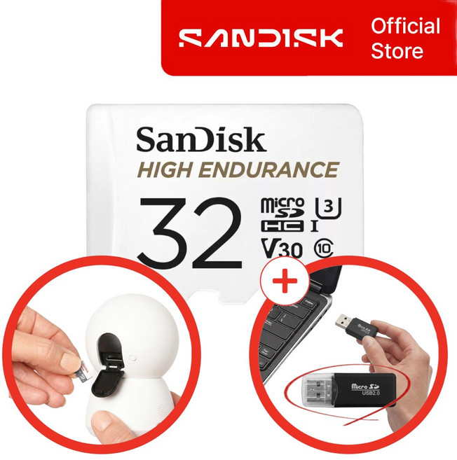 샌디스크 홈카메라 CCTV 홈캠 전용 메모리카드 타포 C210 C225 C500 헤이홈 G2 Pro 도어벨 유피 샤오미 완벽호환 microSD + 마이크로 리더기 패키지, 1개, 32GB